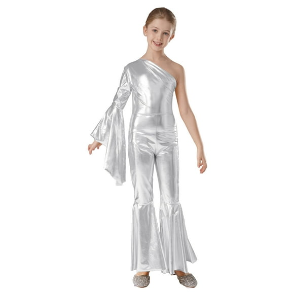 TTAO Kids Girls Gymnastic Leotard One Shoulder Bell-bottom Flared Jumpsuit Romper Dance Party Gown 6-16Y Silver 8