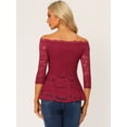 thumbnail image 3 of Blusa de manga 3/4 transparente con hombros descubiertos y encaje floral para mujer Borgoña L, 3 of 6