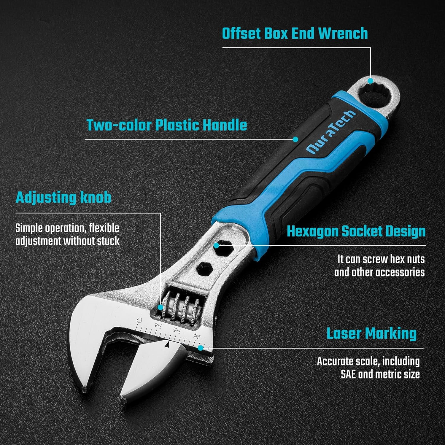 MKEUDQ-8 Inch Adjustable Wrench, 3-in-1 Spanner with Box End/Hex Function, CR-V Steel, Metric & SAE Scales, Chrome-plated, Bi-material soft Grip