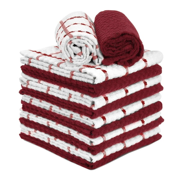 TALVANIA Red Kitchen Dish Towels 100% Cotton Dobby Weave Terry Towel Set, 12 Pack Soft and Absorbent Multipurpose Dish Cloth, Hand Towel and All Kitchen Cleaning 15†X 25†Machine Washable