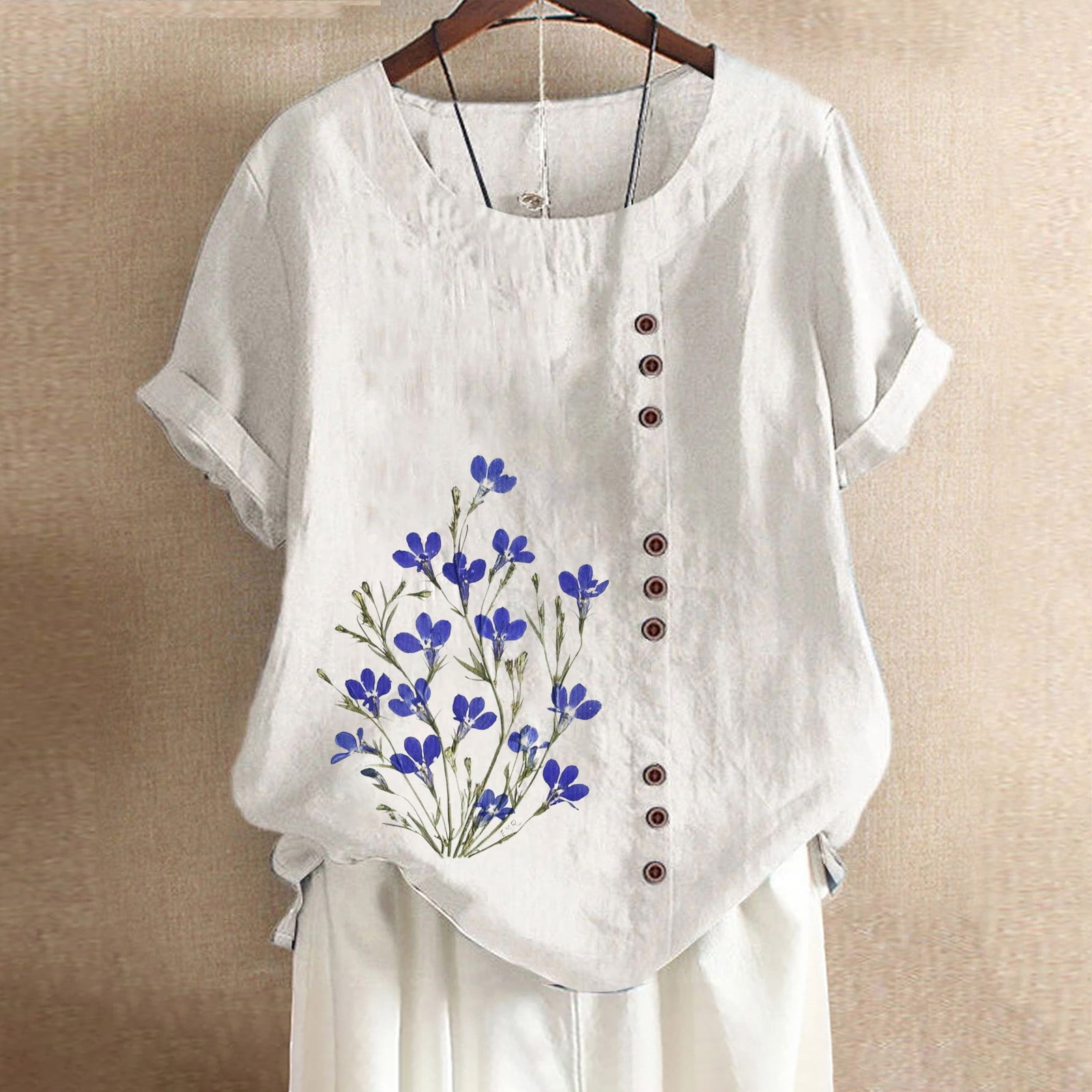 Womens Summer Cotton Linen T-Shirts Casual Crewneck Dandelion Print ...