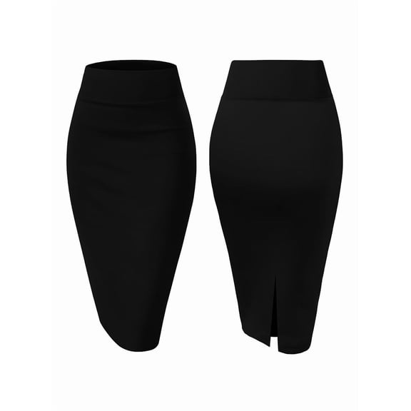 Women'S Premium High Waist Nylon Ponte Stretch Office Pencil Skirt Black L