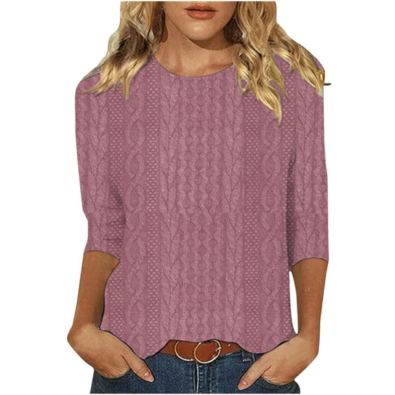 3/4 Sleeve Knitted Sweater for Women, Loose Round-Neck Pullover Tops, Fall Casual Outerwear Tops