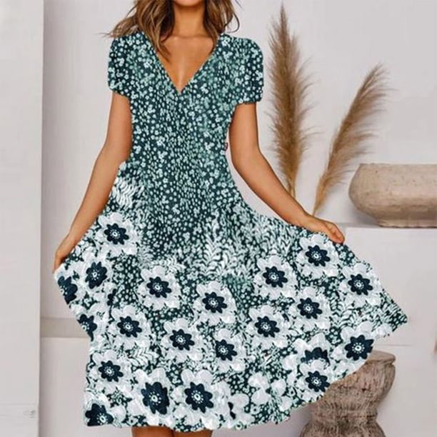 ICHUANYI Clearance Women's Summer Flower Printing Short Sleeve V Neck Lace Splicing Dresses Fashion Full Skirt Dress(Green, XL) ICHUANYI WER2023080900938