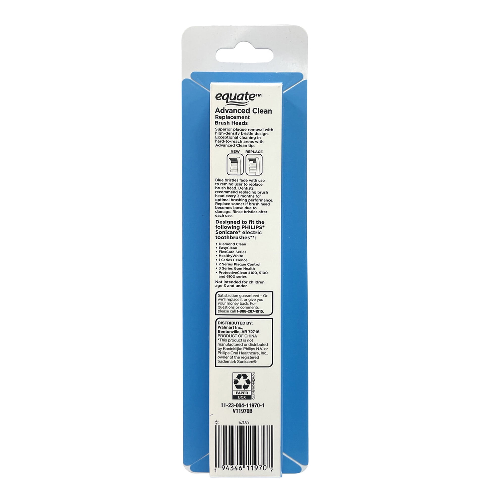 Equate SmileSonic Pro Advanced Clean Sonic Replacement Toothbrush Brush Heads for Adults, White - 3 Count
