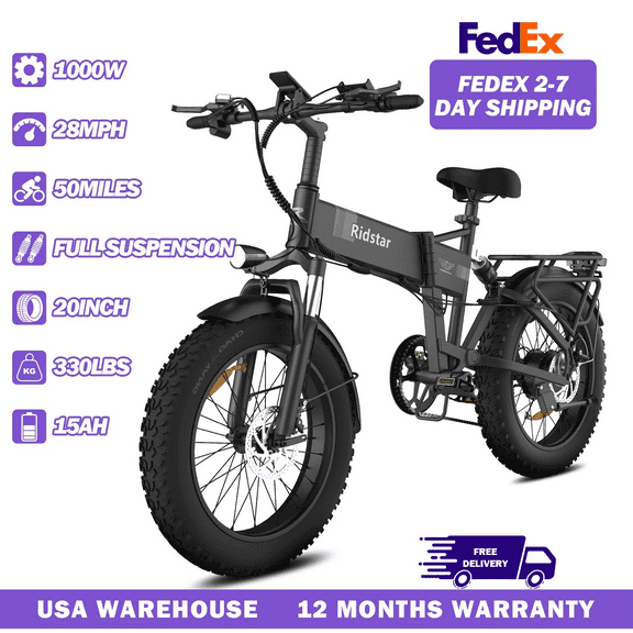 Ridstar H20 UL2849 1000W Electric Bike 20" 48V 15Ah - Foldable Fat Tire E-Bike for Adults with Rear Seat