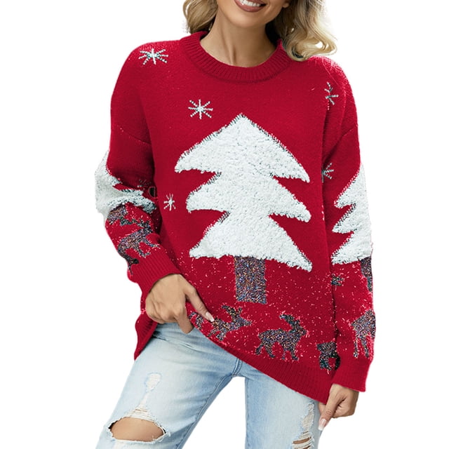 Fgnfyis Chandails pour Femmes Chandail Arbre de Noël Chandail Jacquard avec Cerf Chandail de Noël Chandail de Noël Chandails de Noël pour Femmes Rouge P