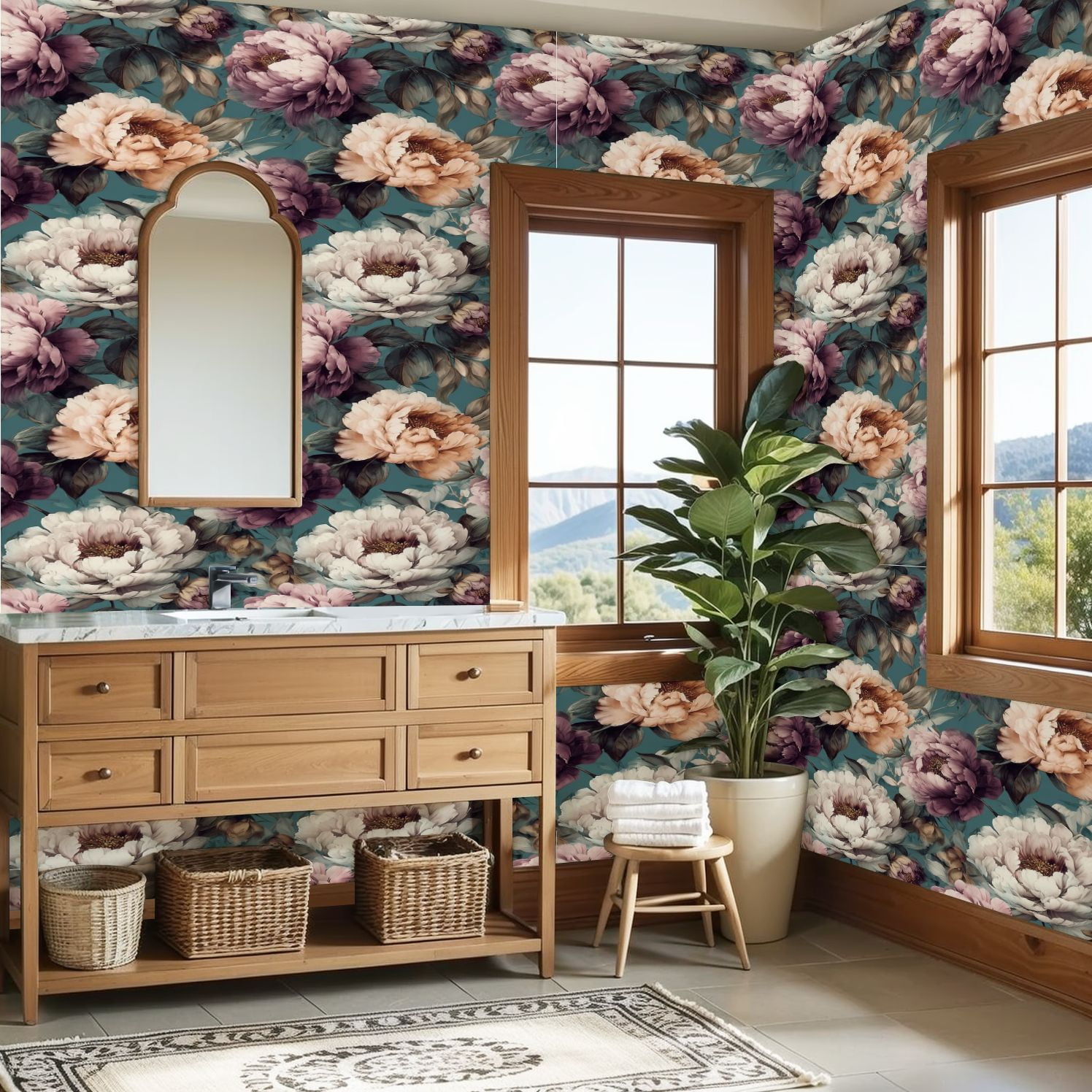 Flower Peel and Stick Wallpaper 23.6in x 9.8ft Vintage Floral Peony Soft Pastel Colors Teal Contact Paper Vinyl Waterproof Self Adhesive Wall Paper for Bedroom Shelf Cabinet Renter Friendly