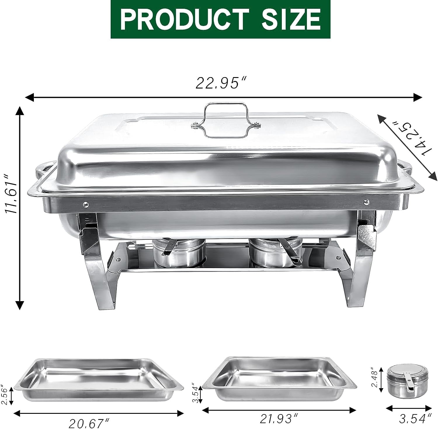 PRIJESSE 4 Pack Chafing Dish Buffet Set, 8QT Stainless Steel Rectangular Chafers and Buffet Warmer Sets for Catering, with Food & Water Pan, Lid, Foldable Frame, Fuel Holder