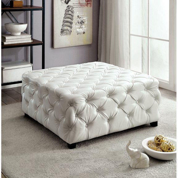 Furniture Of America Regina Tufted White Bonded Leather Match UPH Square Ottoman