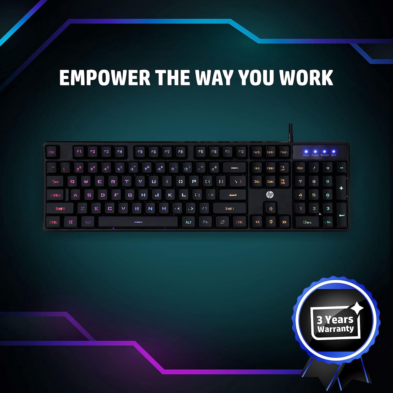 HP K300 Backlit Membrane Wired Gaming Keyboard with Mixed Color Lighting, 4 LED Indicators, Matte Finish Double Injection Key Caps and Windows Lock Key