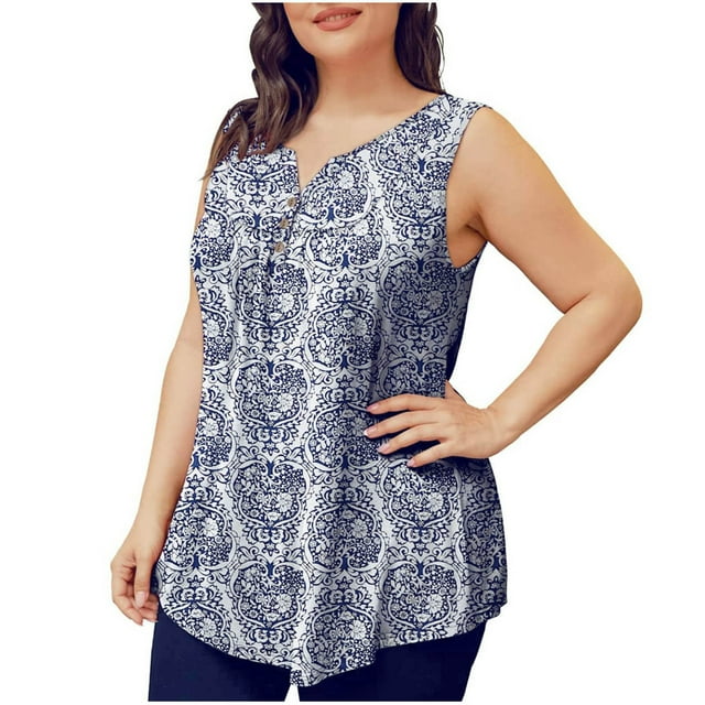 Birdeem Plus Size Womens Tank Summer Printed Sleeveless Flared Trendy Casual Blouse Button Tunic Shirt Tops