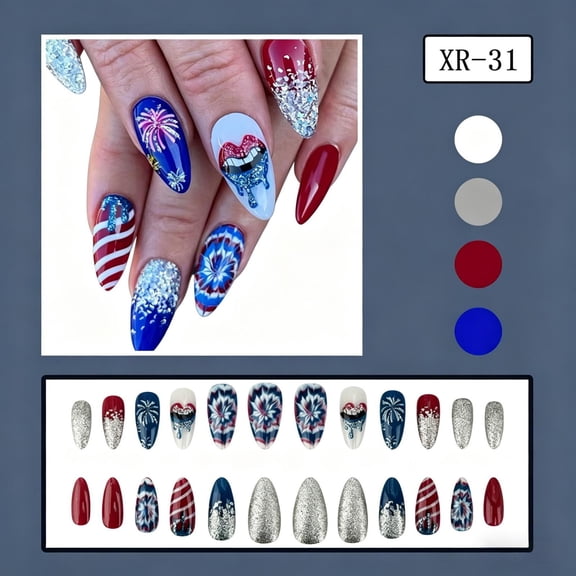 Independence Day Press On Nails, 24Pcs American Flag Fake Nails,Red White Blue Patriotic Full Cover False Nail Tips,Reusable Festival Nail Art Decor,Easy Wear Manicure for Women Holiday Party Daily