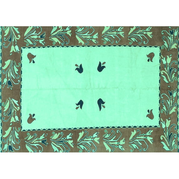 Ahgly Company Machine Washable Indoor Rectangle Oriental Turquoise Blue Modern Area Rugs, 4' x 6'