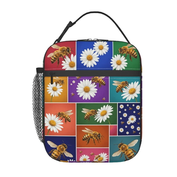 Daisy Floral Insulated Lunch Bag Reusable Lunch Box For Women Men Floral Bee Leakproof Thermal Meal Prep Tote With Clip-on Buckle Handle Side Pocket