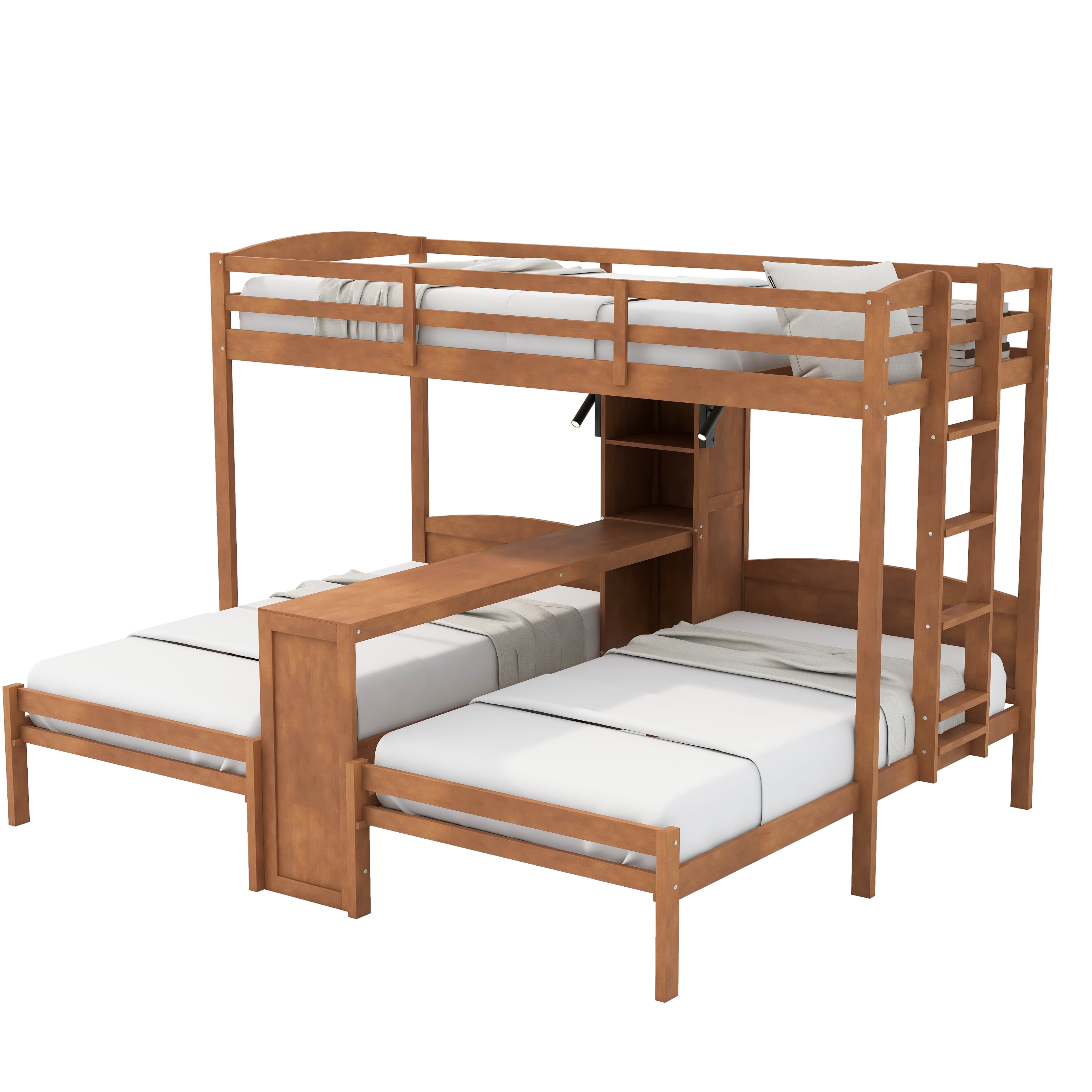 Euroco Wood Twin over Twin Bunk Bed with Desk, 3 Beds in 1 with Shelves and Reading Lamps, Natural