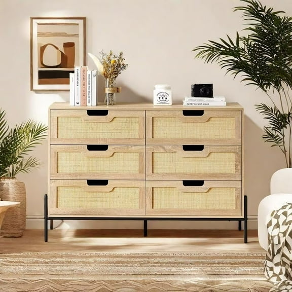 IHEX 6 Drawer Dresser, Mid-Century Modern Rattan Storage Cabinet Dresser, Wooden Chest of Drawers for Bedroom, Living Room, Hallway, Oak