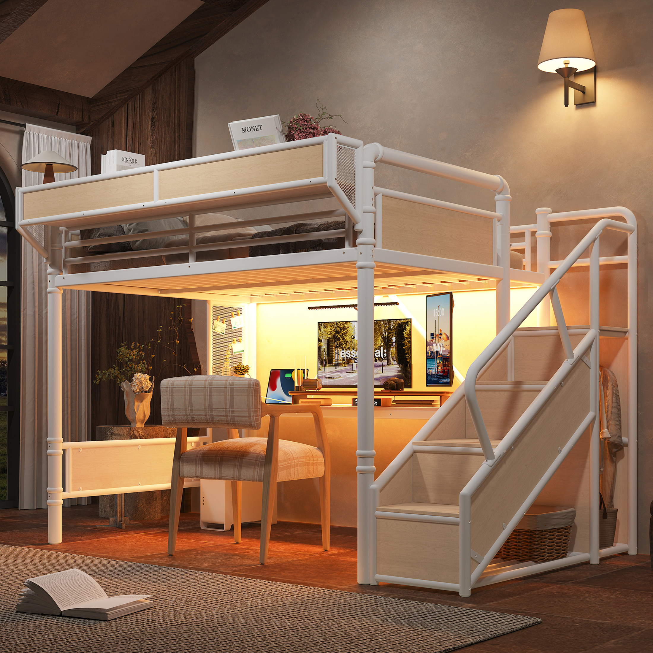 GDF Studio Queen Size Metal Loft Bed with Desk, Power Outlet, LED Light, Storage & Wardrobe, White