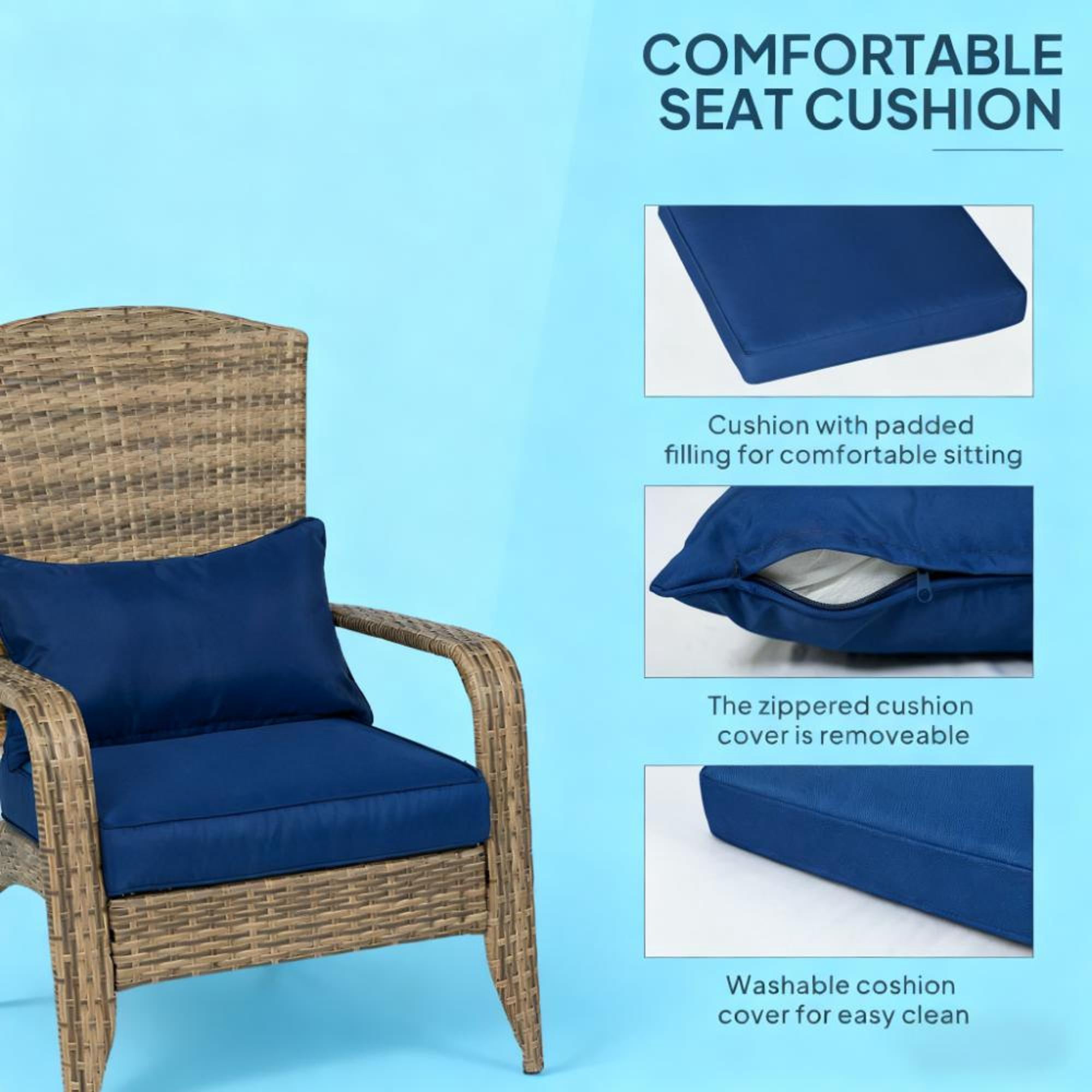 Outdoor Adirondack Chair with PE Rattan Wicker, Dark Blue Cushion | Patio Porch Pool | Dark Blue | Steel