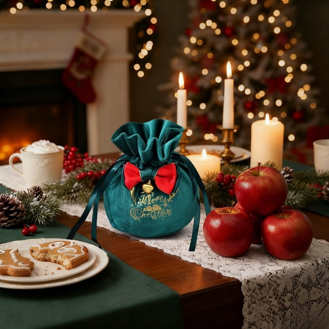SouMaox Christmas Velvet Drawstring Bag Soft Texture Ribbon Closure Holiday Packaging Festive Supplies for Winter Party Exchange