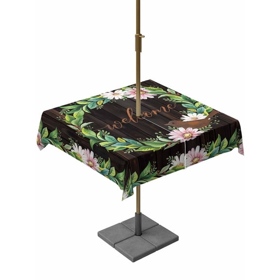Spring Botanical Outdoor Tablecloth - 54x54 Inch Square Dining Table Cover, Garden Birds Floral Leaves Brown Wood Waterproof Outdoor Table Cloth with Umbrella Hole & Zipper for Picnic/Patio/Party