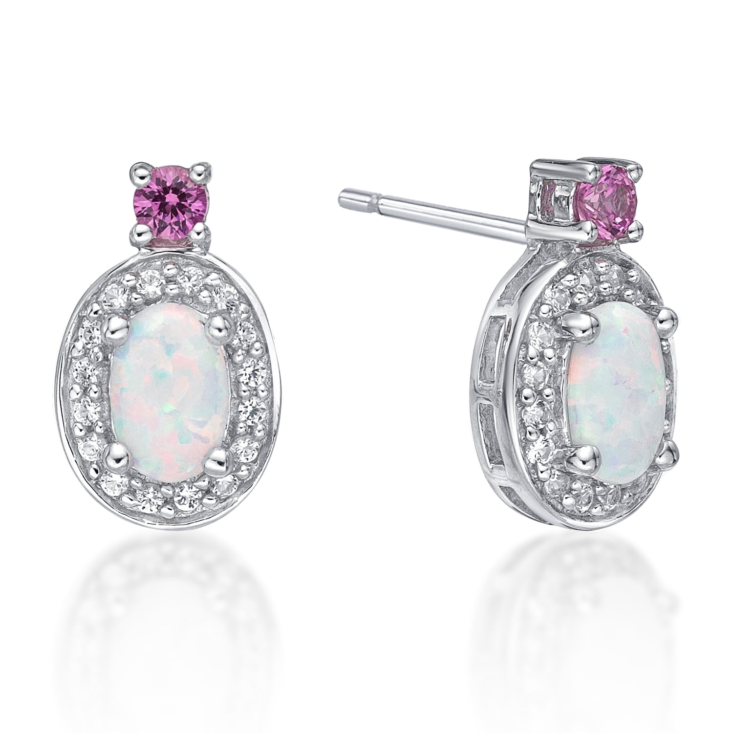 Fashion Jewelry Pink White Fire Opal Gems Silver Stud Earrings 