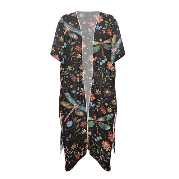 HELLHERO High Quality Fabrics Long Kimono Swimsuit Cover Up for Summer Beach Trip Loose Free Size Bathing Suit Cover Up Colorful Dragonfly Flower