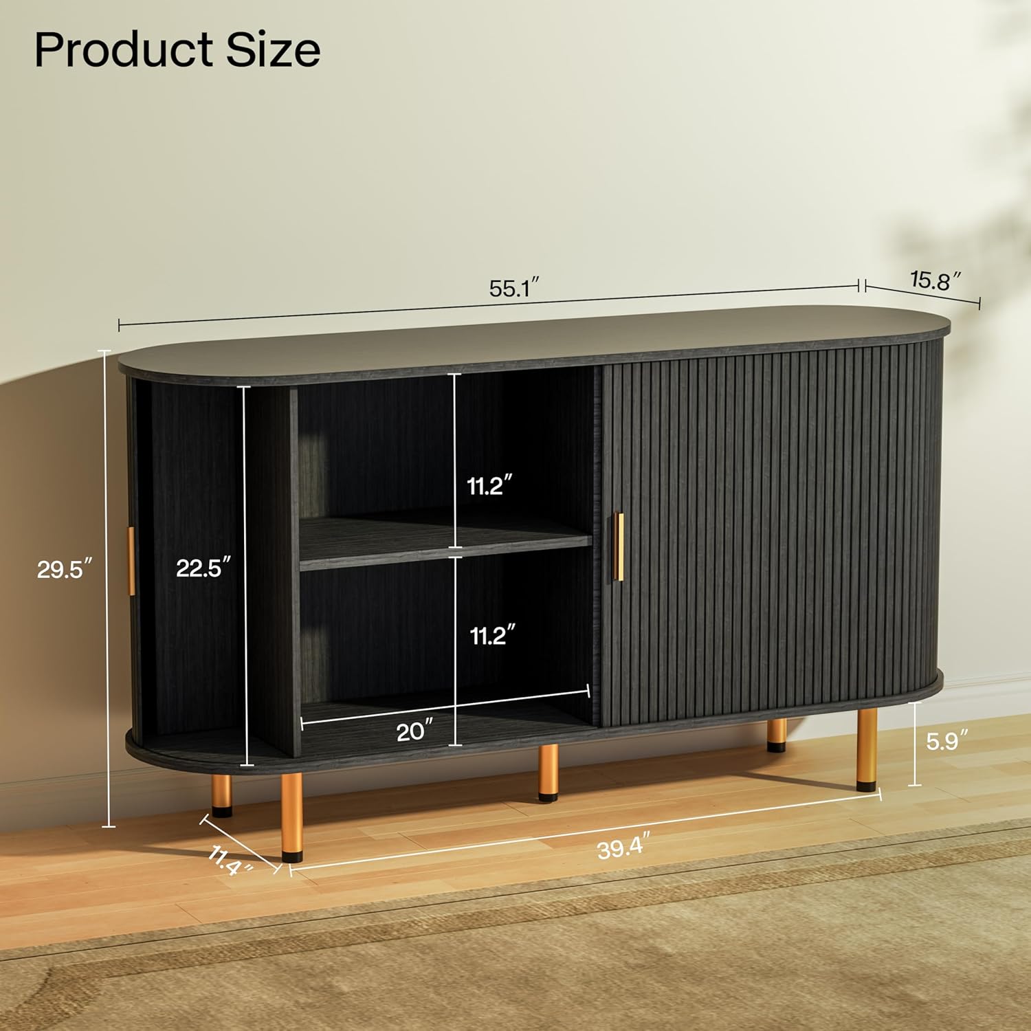 Sideboard Buffet Cabinet with Storage, 55" Mid Century Modern Fluted Accent Coffee Bar Console Table with Tambour Sliding Doors & Adjustable Shelf for Kitchen, Living Room, Entryway (Black)