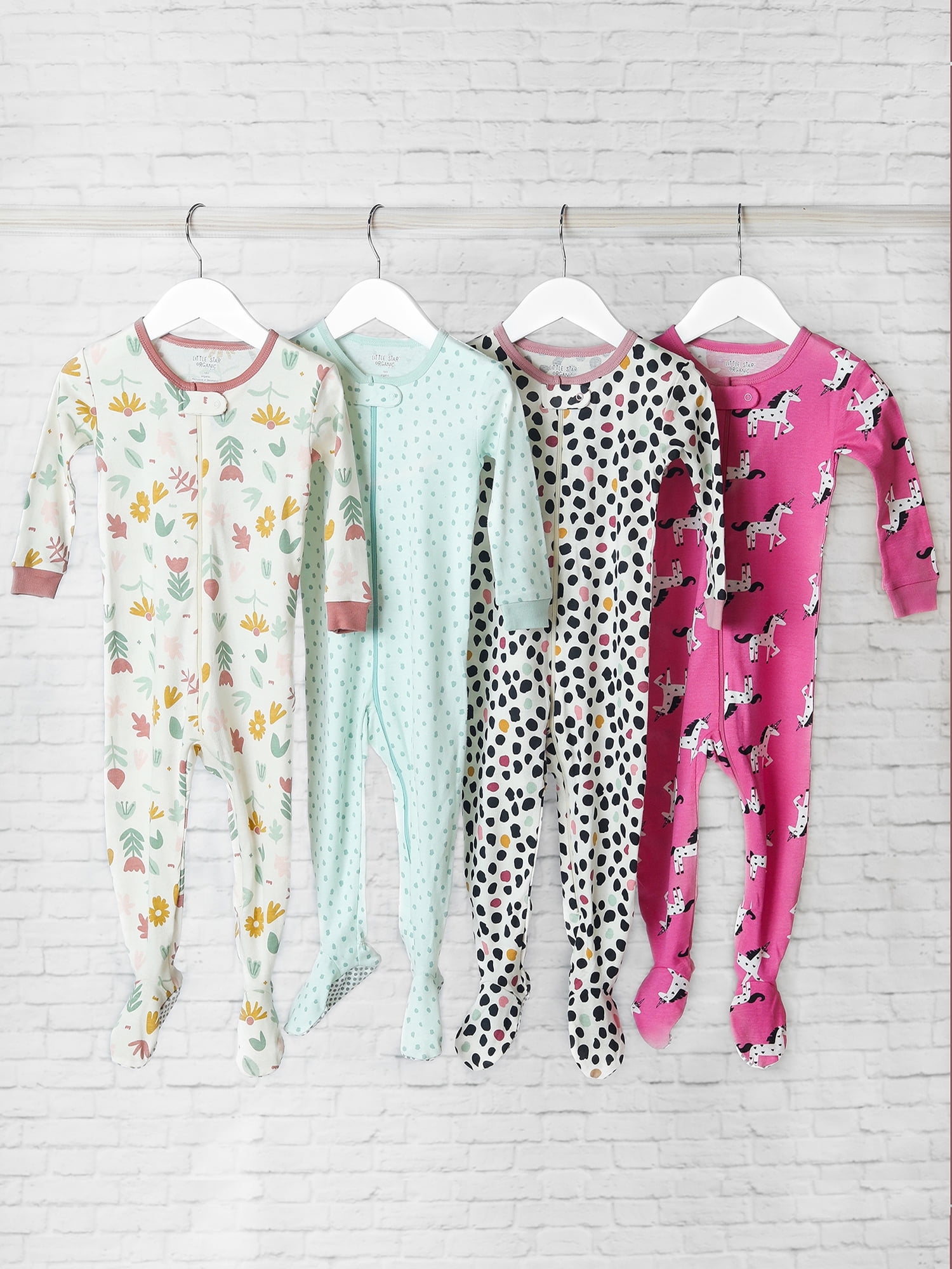 Little Star Organic Baby & Toddler Girl 2 Pk Footed Full Zip Snug Fit Pajamas, Size 9 Months - 5T