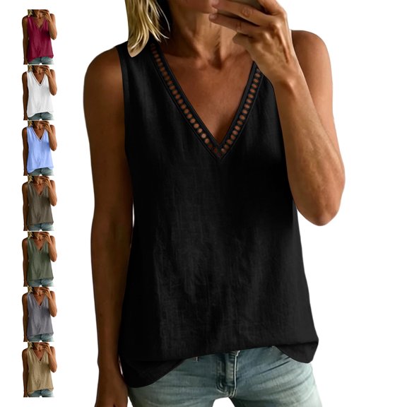 TGSLY Women's Eyelet Lace Trim V Neck Tank Tops Breathable Soft Cotton Linen Solid Color Vest Loose Fit Dressy Casual Curved Hem Sleeveless Shirts XXL