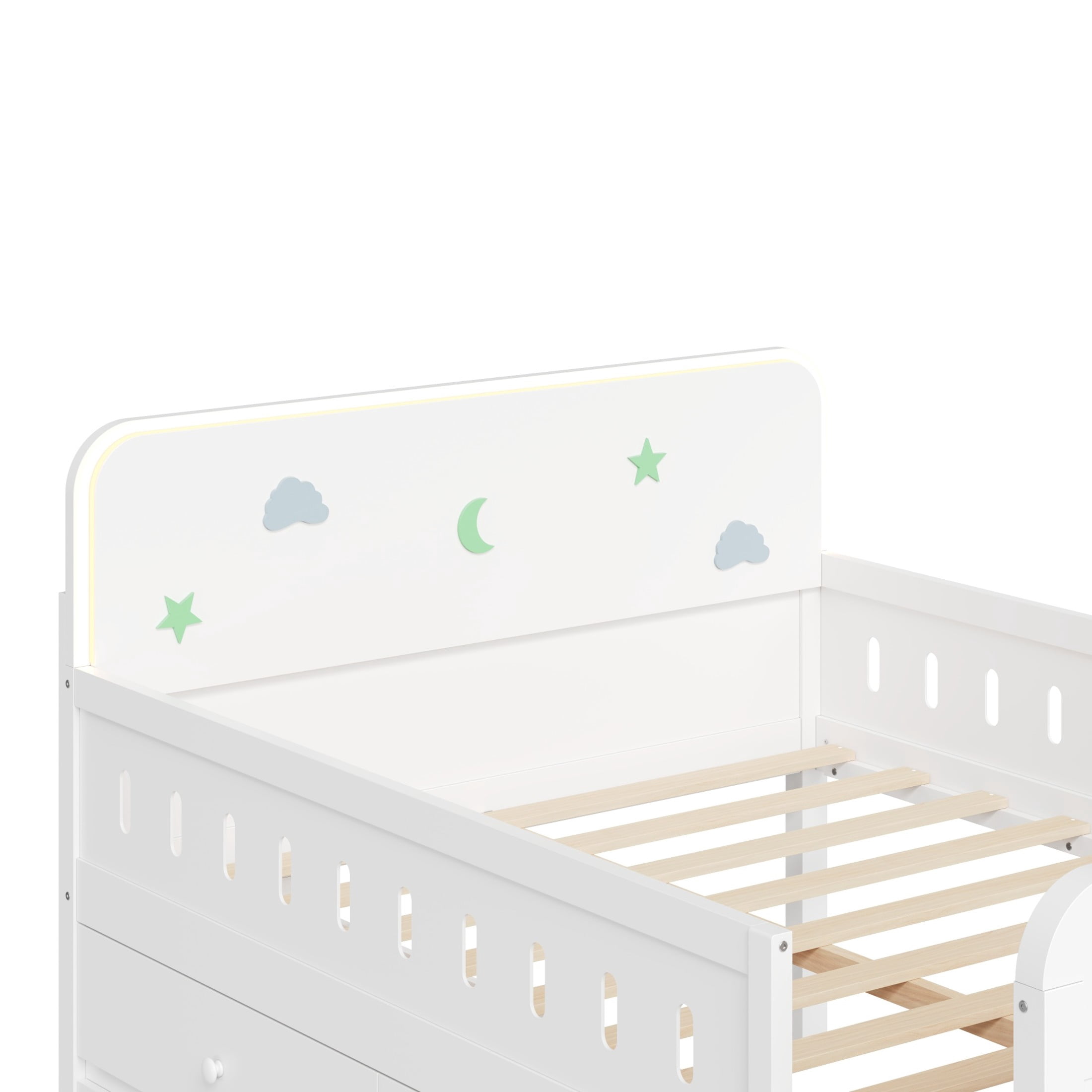 Noble House Halden Full Size Wooden Bed, Integrated LED Lighting and 4 Storage Drawers with Ladder, White
