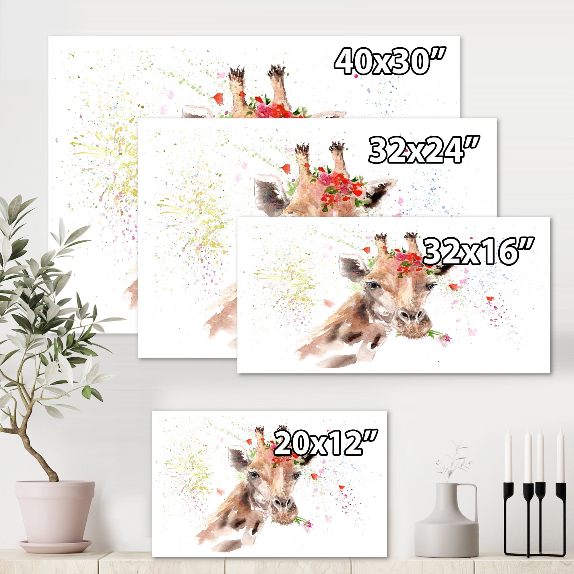 Designart ' Portrait of A Giraffe With Red Flowers II ' Farmhouse Canvas Wall Art Print