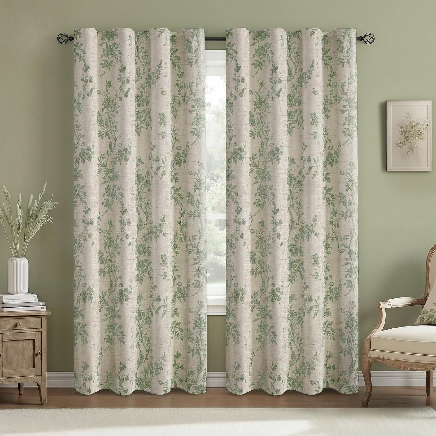 Floral Blackout Curtains Sage Green Printed Curtains Floral Blackout Curtains Farmhouse Boho Cottagecore Spring Curtains for Bedroom Modern Living Room 52"W x 84"L