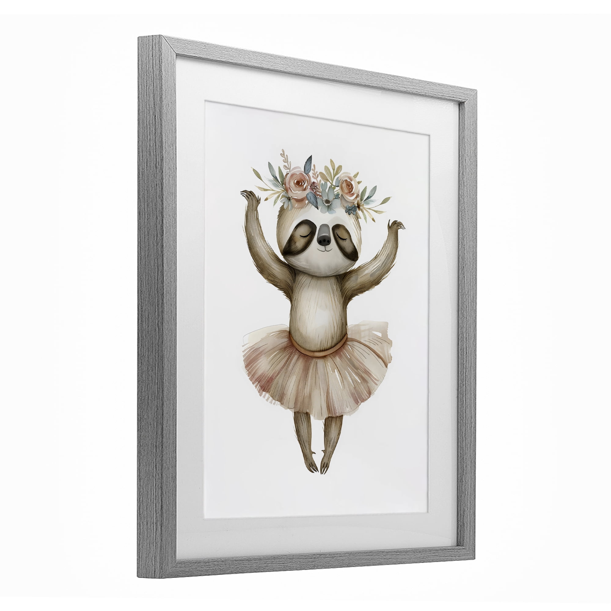 Stupell Industries Dreamy Sloth Ballet with Flowers Gray Framed Print Under Glass, design by LSR Design Studio