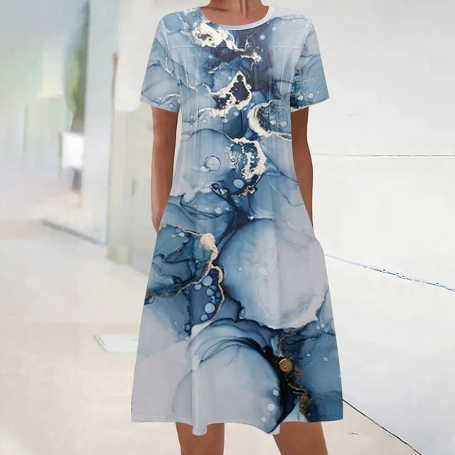 Amzcrzy Robes pour Femmes Robe Fleurie pour Femmes Robes pour Femmes Robe d'Été Bohème à Imprimé à Manches Courtes Robe de Plage Longueur Genou Robe Décontractée Robes pour Femmes