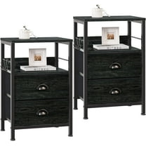 Nightstands Set 2, Night Stand with 2 Fabric Drawers, Bedside Tables with Open Shelf, Wooden Top, Hooks, Backboard Design, Metal Frame, End Tables for Bedroom/Living Room/Study/Black Oak