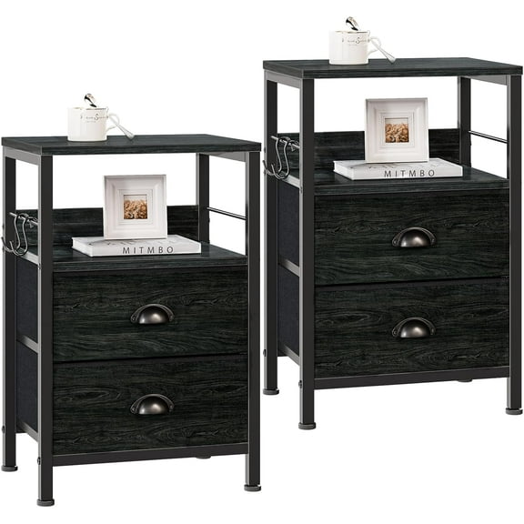 Nightstands Set 2, End Tables with 2 Fabric Drawers, Bedside Tables with Hooks and Shelf, for Bedroom/Living Room/Study/Black Oak