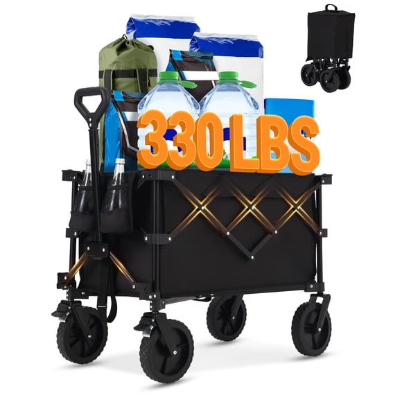 Chariot de Jardin Pliant – Chariot Pliable Robuste de 220 L – Roues Tout-Terrain en PVC de 7 Pouces – Porte-Gobelets et Poches Latérales – Portable – Magasinage, Plage et Plein Air