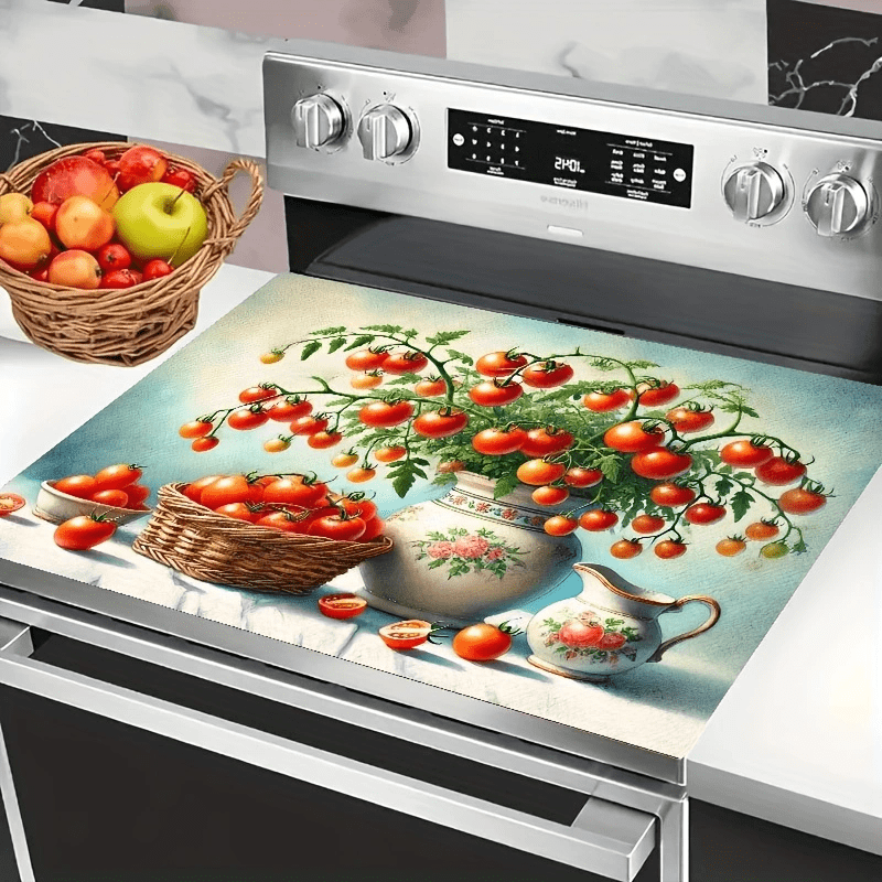 Tomato Teapot Still Life Stove Cover Mat – Heat Resistant Kitchen Mat for Glass Cooktops (28.3×20.5in)