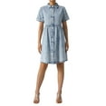 thumbnail image 6 of Womens Juniors Summer Denim Dress Casual Lapel Button Down Short Sleeves Ruffle Tiered Baby Doll Dress Short Jean Dress for Teen Girls, 6 of 9