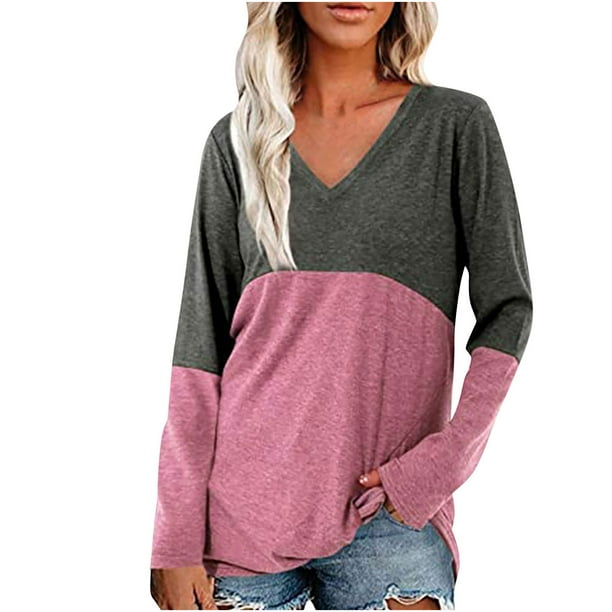 Camisas Para Mujer Casual Manga Larga Cuello en V Tops Patchwork