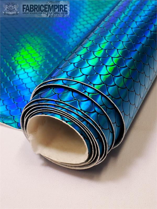 Holographic Mermaid Fish Scale Glossy Embossed Vinyl Fabric Turquoise