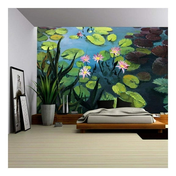 wall26 - Colorful Pond with Beautiful Lotus Flowers and The Sky Reflection on The Water Surface - Removable Wall Mural | Self-Adhesive Large Wallpaper - 66x96 inches