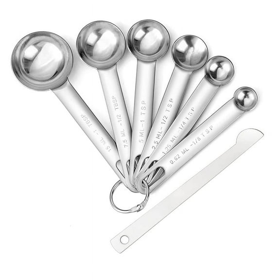 Stainless Steel Measuring Spoons Cups Set, Small Tablespoon, Teaspoons, Set 6 with Bonus Leveler, for Dry and Liquid