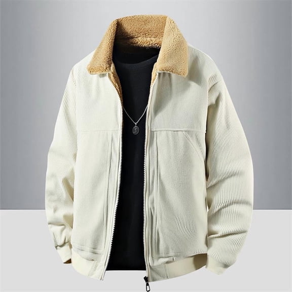 Dxzfnsa Jacket for Mens Long Sleeved Solid Color Fleece Coat Thick Corduroy Lamb Wool and Velvet Lined Jackets