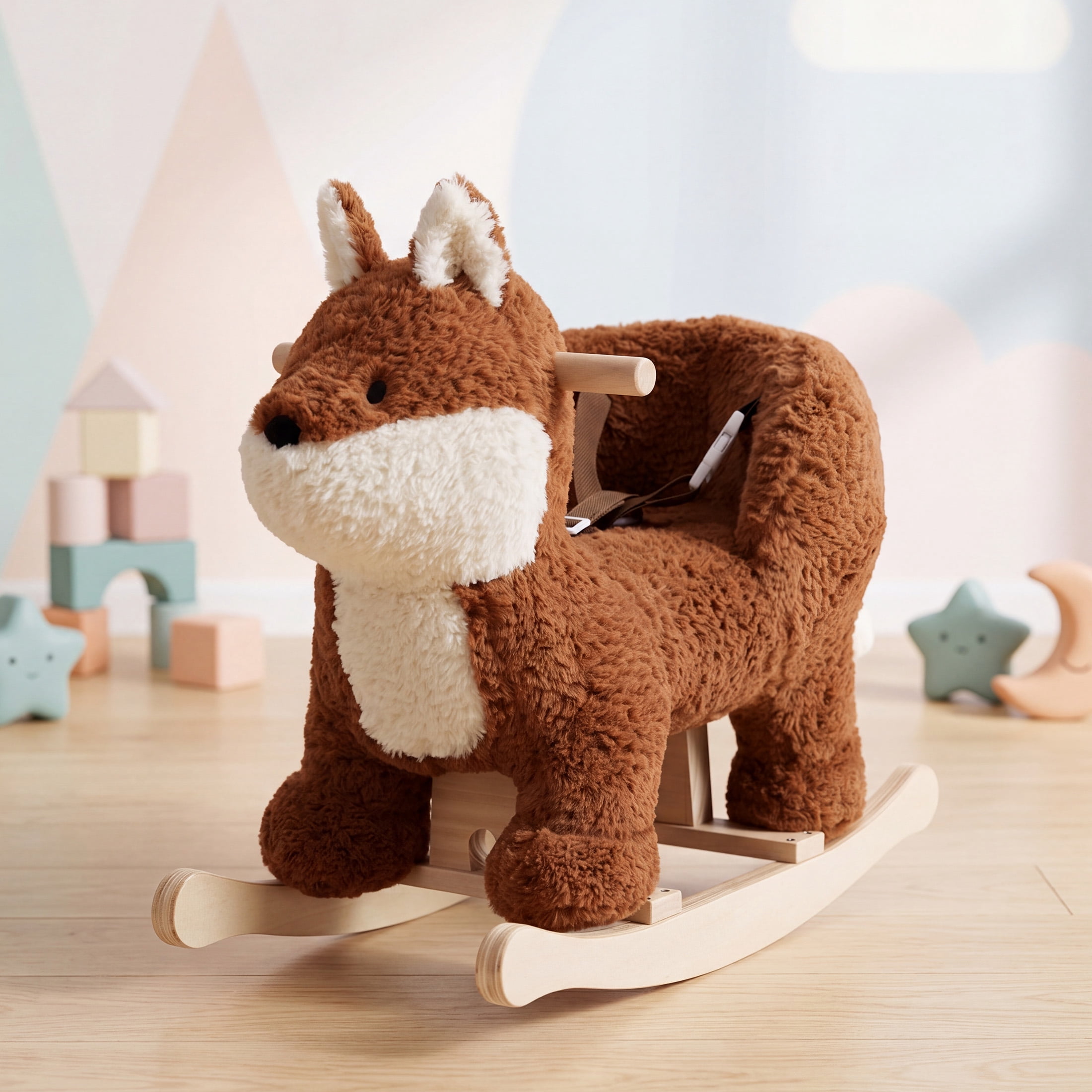 Jolie Vallee Baby Rocking Horse,Kids Ride on,Plush Animal Rocker,Wooden Base & Safety Belt for Ages 6+ Months,Fox,Brownish Red