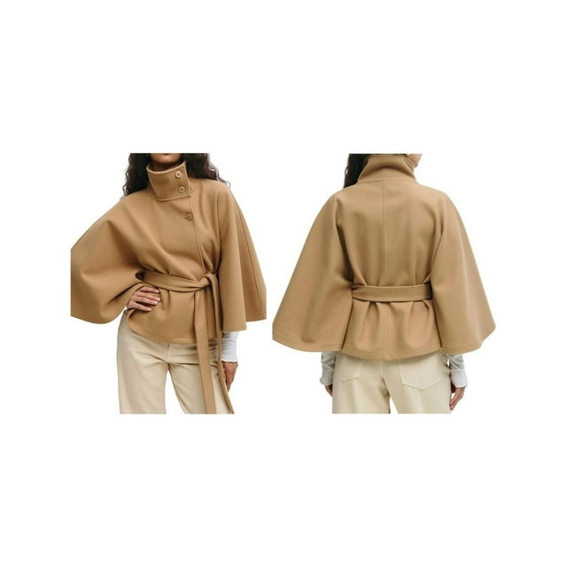 Ponchos con Mangas de Murciélago para Mujer, Abrigo Tipo Capa con Botones y Cinturón, Abrigo Corto de Invierno Caqui XL