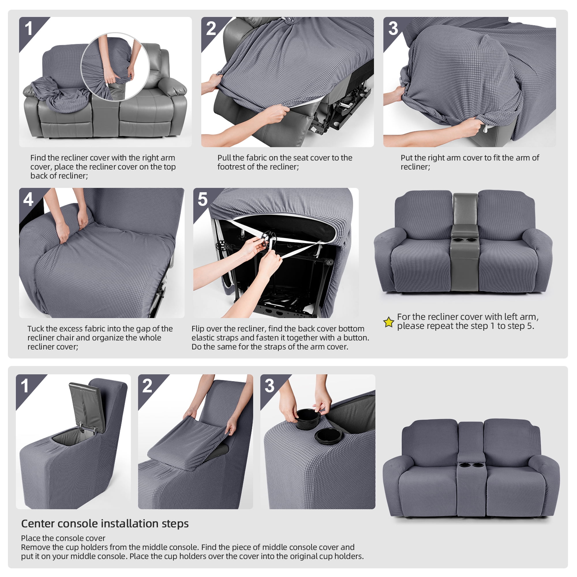 TAOCOCO Stretch Recliner Loveseat Slipcover with Middle Console, 4-Pieces Reclining Sofa Cover for 2 Seat Couch Recliner Sofa Slipocvers Furniture Protector, Dray