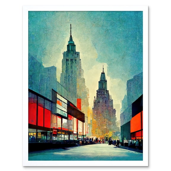 Broadway New York City Cityscape In Blue And Red Art Print Framed Poster Wall Decor 12x16 inch
