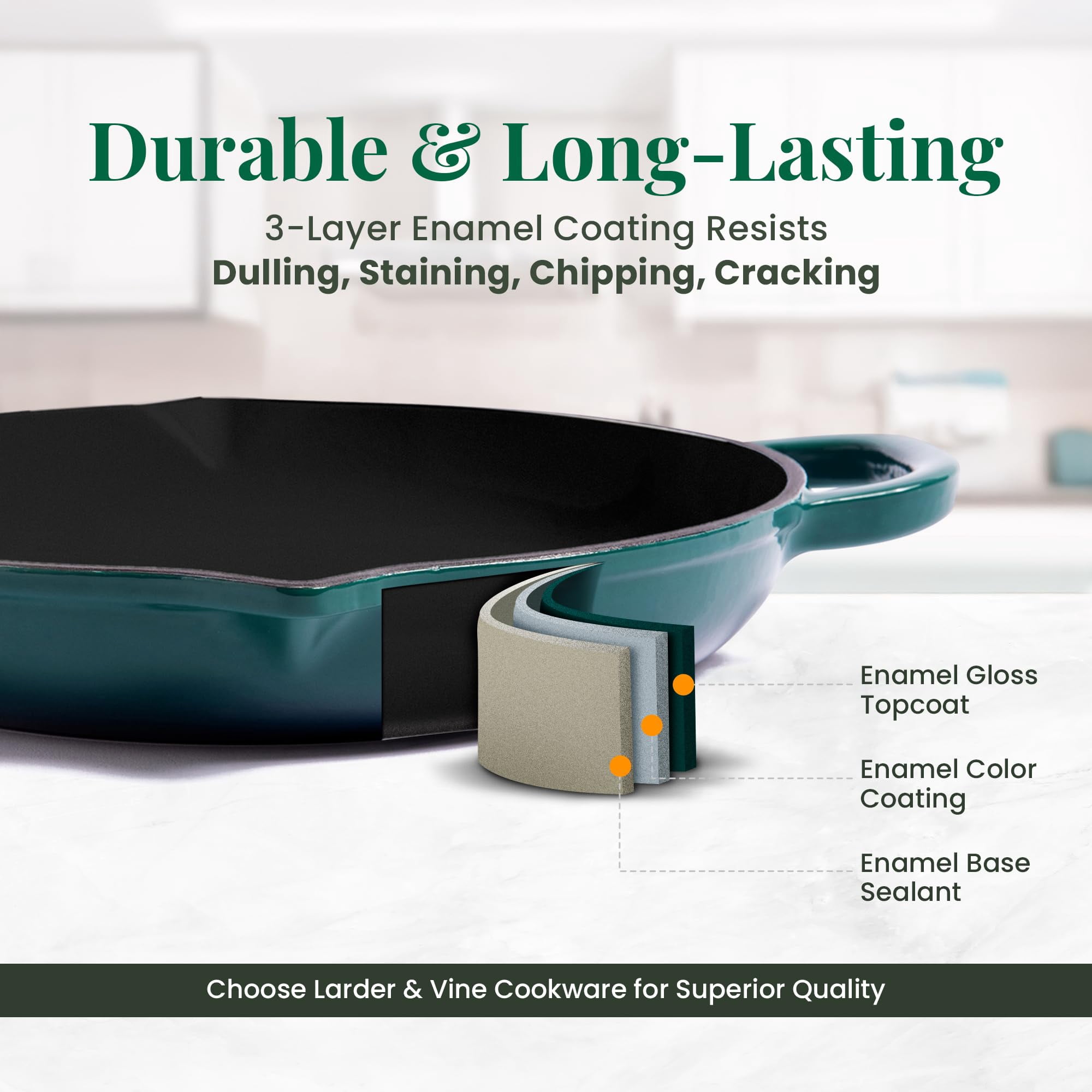 Larder & Vine 10 inch Enameled Cast Iron Frying Pan | Non Stick, Non Toxic, Oven Safe 500F